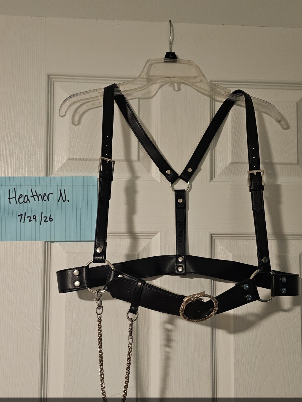 Disturbia Black Leather Harness with Silver Chain & Snake Buckle